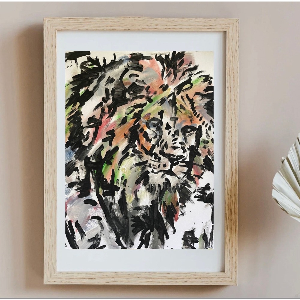 OMAN Original Abstract Lion Painting 11x14 Modern Animal Art on Paper